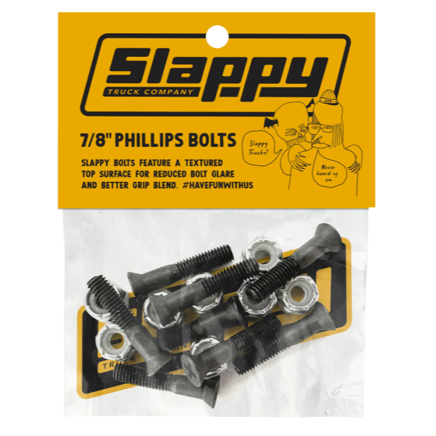 Packaging of Slappy truck bolts with yellow label on a white background