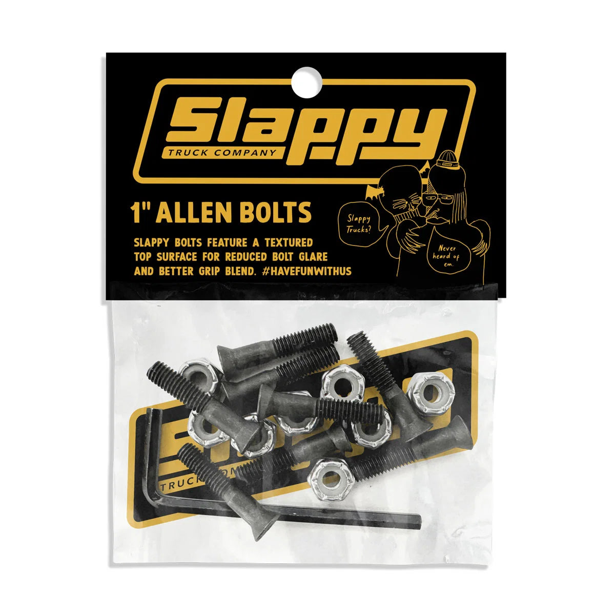 Package of Slappy truck company Allen bolts with black and yellow branding.