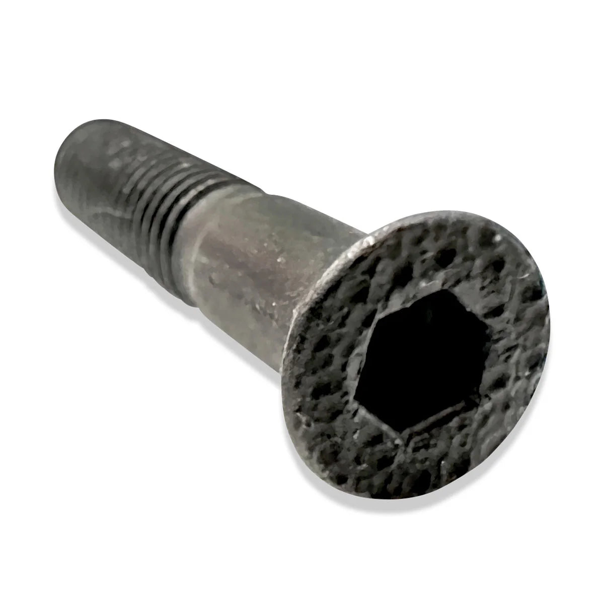 Metal screw with hexagonal head on a white background
