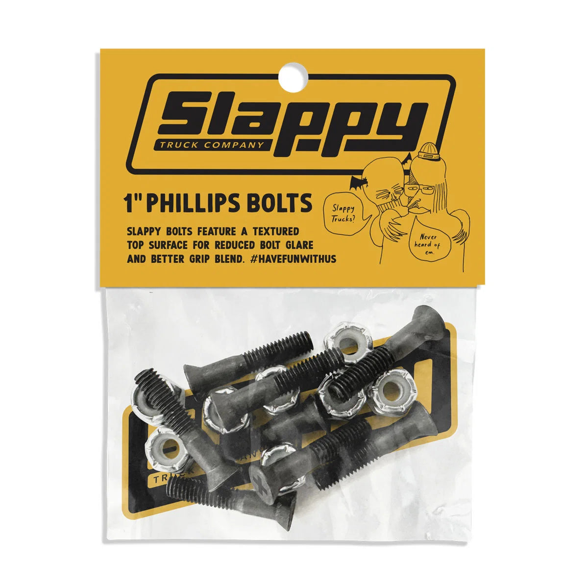 Packaged Phillips bolts with Slappy Truck Company branding on a yellow and black label.