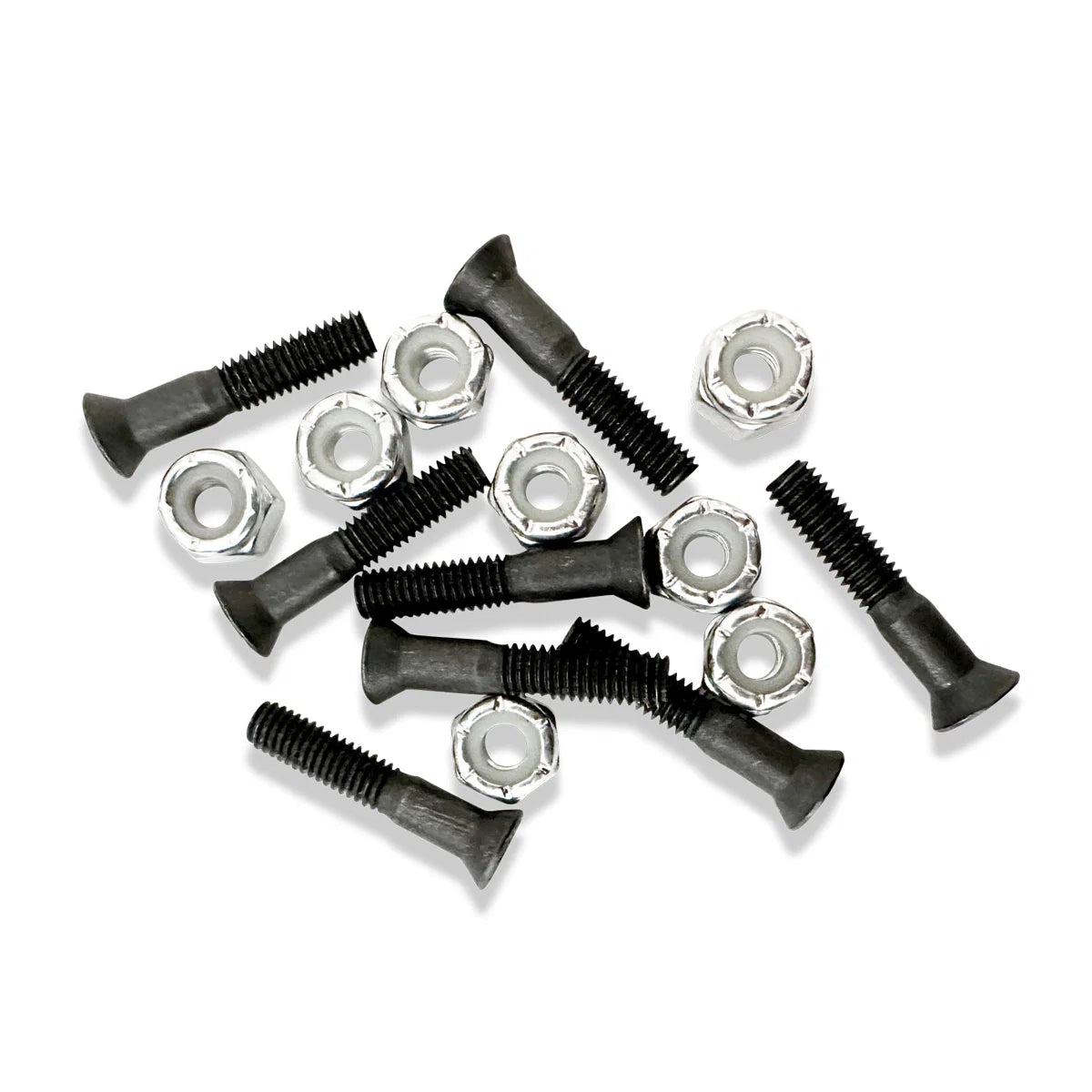 Set of black screws with silver heads on a white background