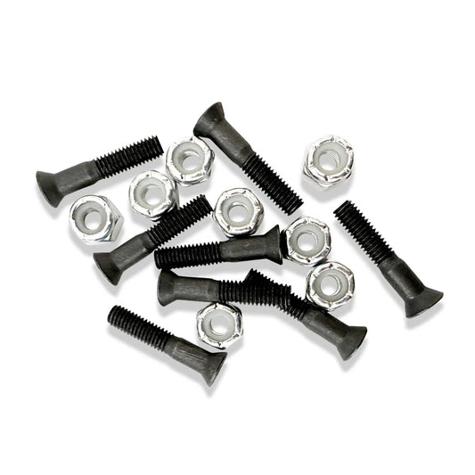 Set of black screws with silver heads on a white background