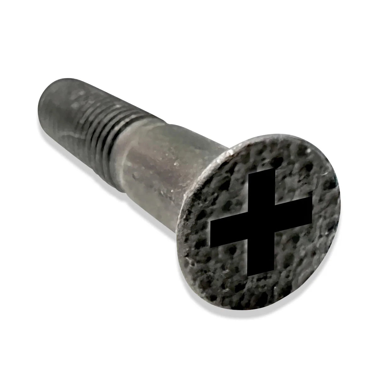 Metal screw with a black '+' symbol on a white background