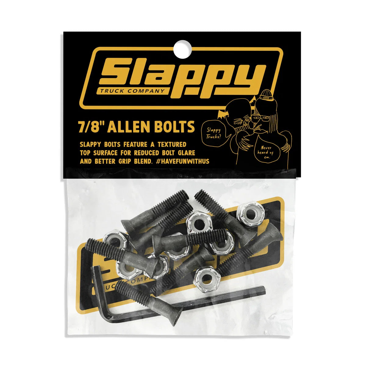 Slappy 7/8" Allen Bolts in a clear plastic bag with a black and yellow header card. The package contains black textured hex bolts, silver nuts, and a black hex key.