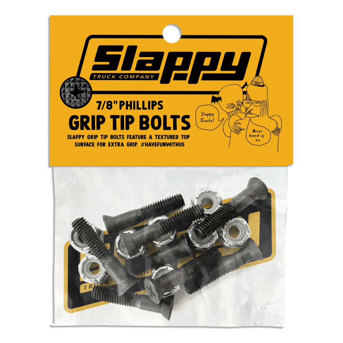 Slappy Truck Company 7/8" Phillips Grip Tip Bolts in a clear plastic bag with a bright yellow header card. The package contains multiple black and gray textured grip tip bolts with silver metal nuts.