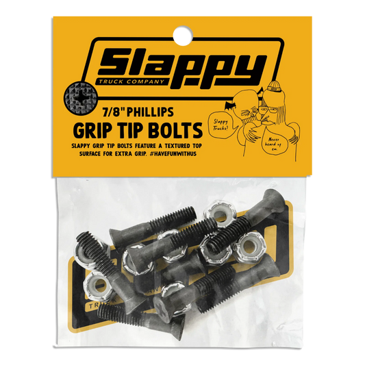 Slappy Truck Company 7/8" Phillips Grip Tip Bolts in a clear plastic bag with a bright yellow header card. The package contains multiple black and gray textured grip tip bolts with silver metal nuts.