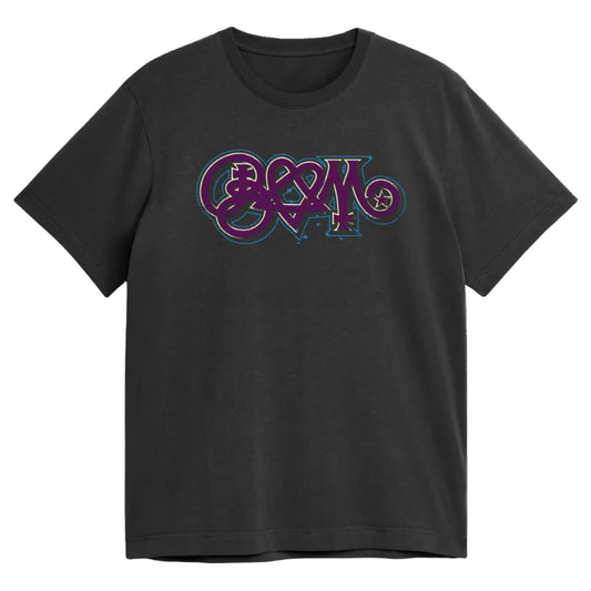 Black t-shirt with a colorful logo on a white background