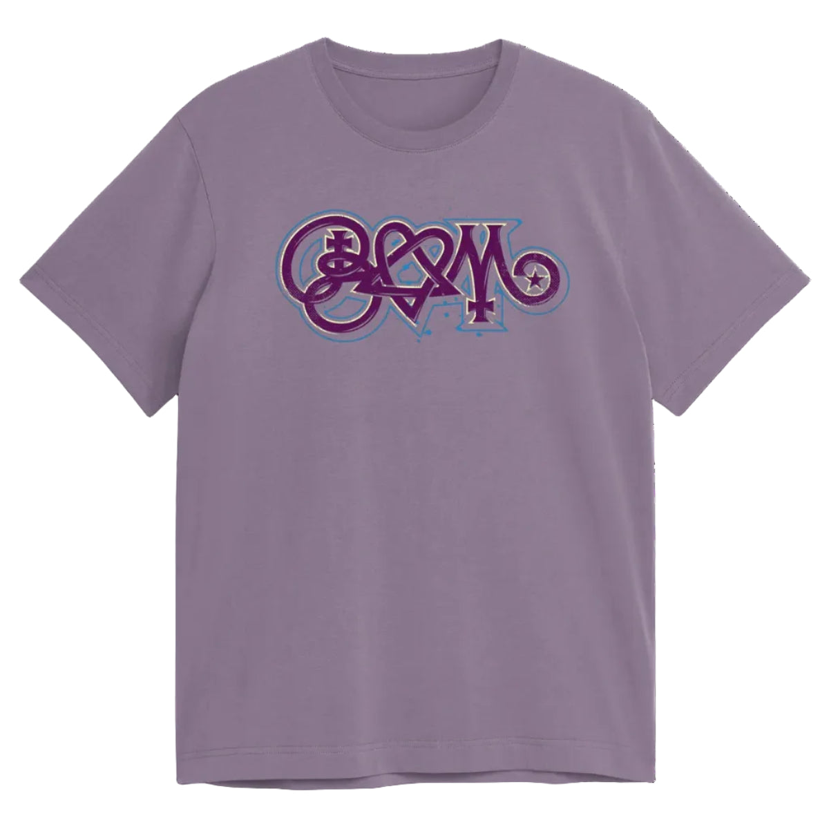 Purple t-shirt with a logo on a white background