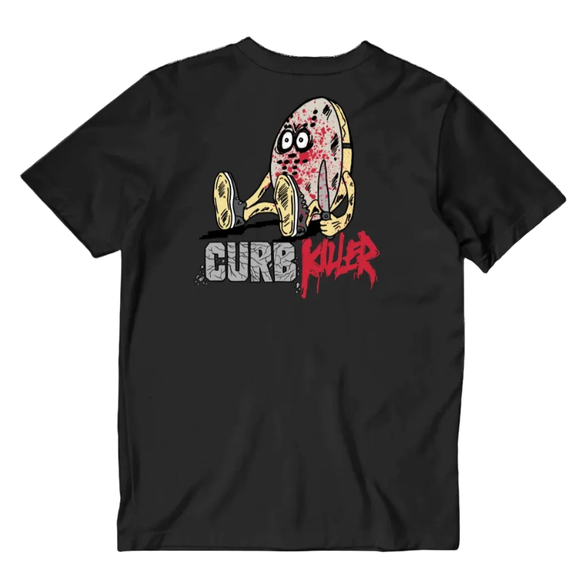 Black t-shirt with a graphic design and text on a white background