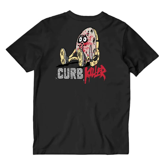 Black t-shirt with a graphic design and text on a white background