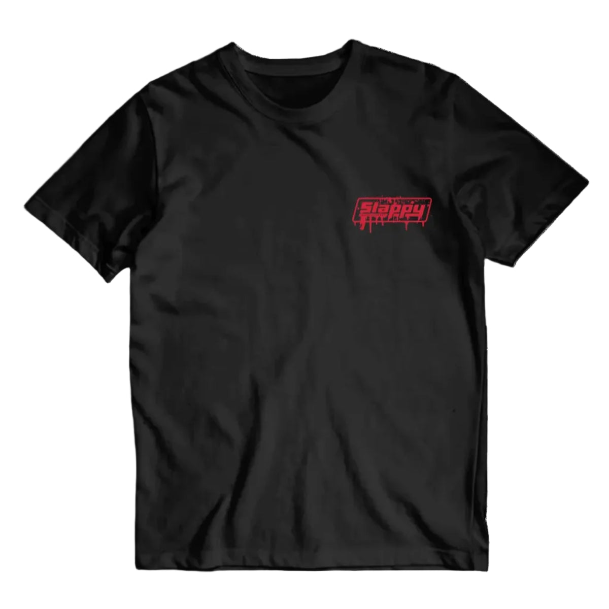 Black t-shirt with a red logo on a white background