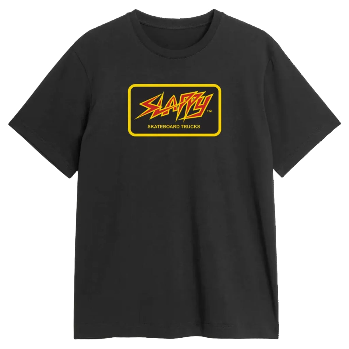Black t-shirt with a yellow and red logo on a white background