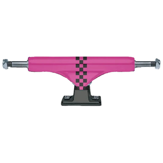 Pink and black checkered skateboard truck on a white background