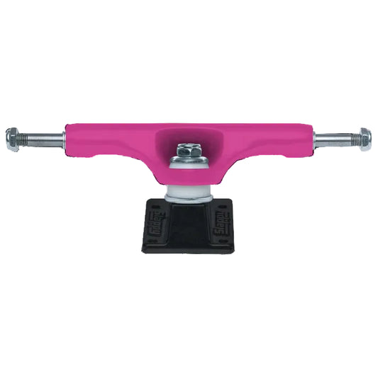 Pink skateboard truck with a black mounting plate on a white background