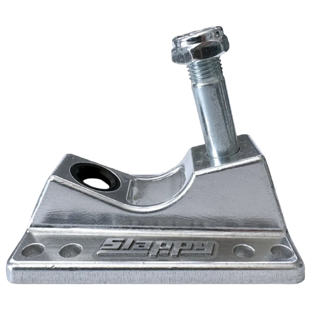 Metal skateboard truck baseplate with a bolt on a white background