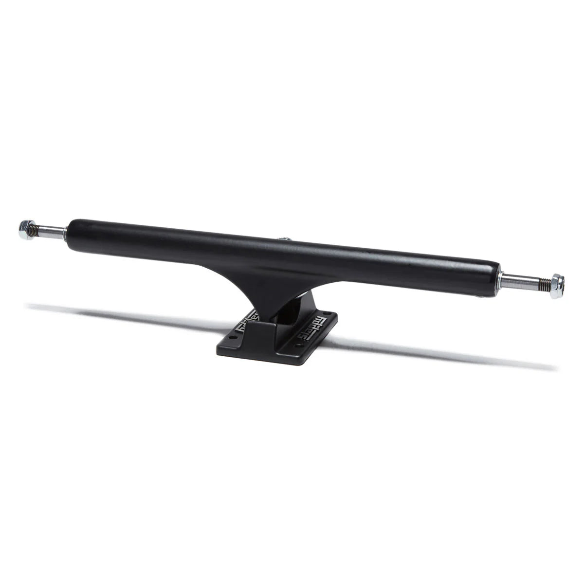 Black metal skateboard truck on a white background