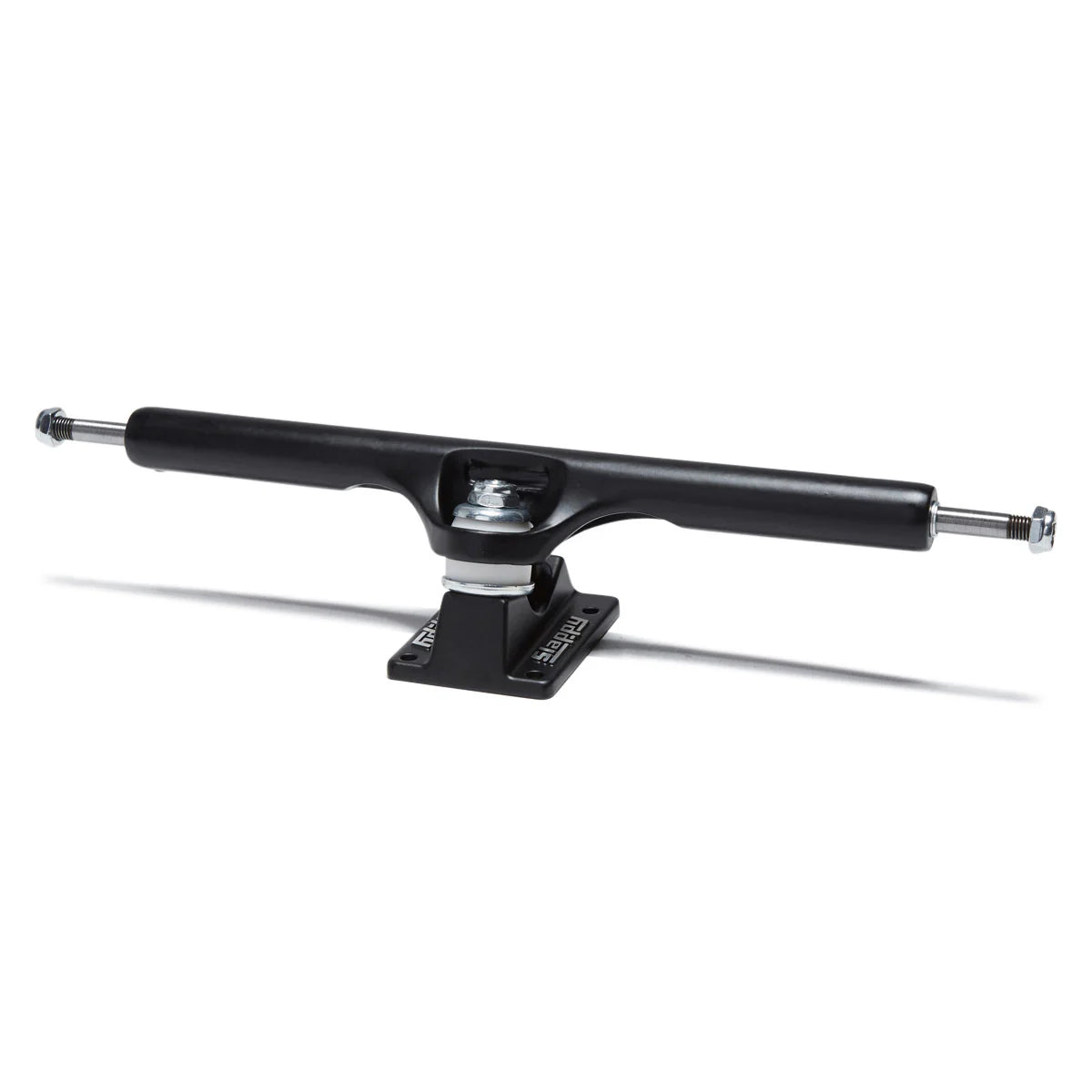 Black metal skateboard truck on a white background