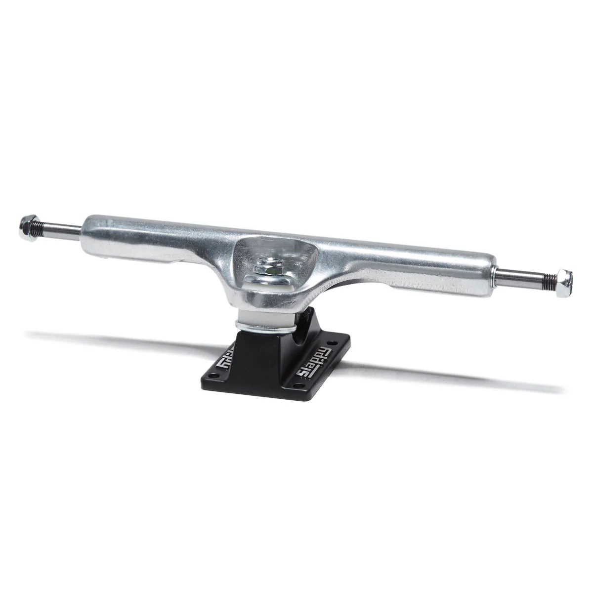 Skateboard truck with metallic finish on a white background