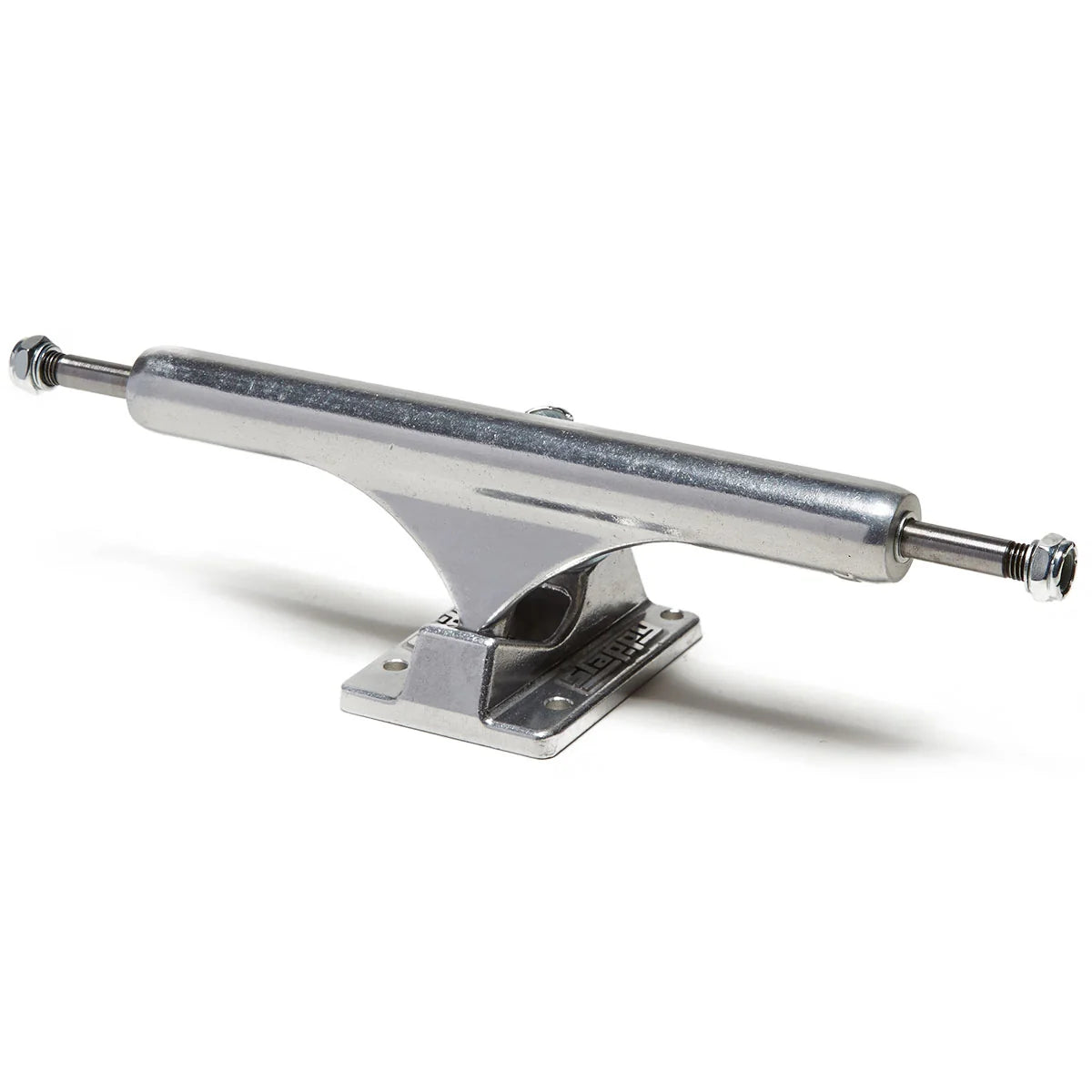 A single metallic skateboard truck with a silver finish, shown on a clean white background with a soft shadow.