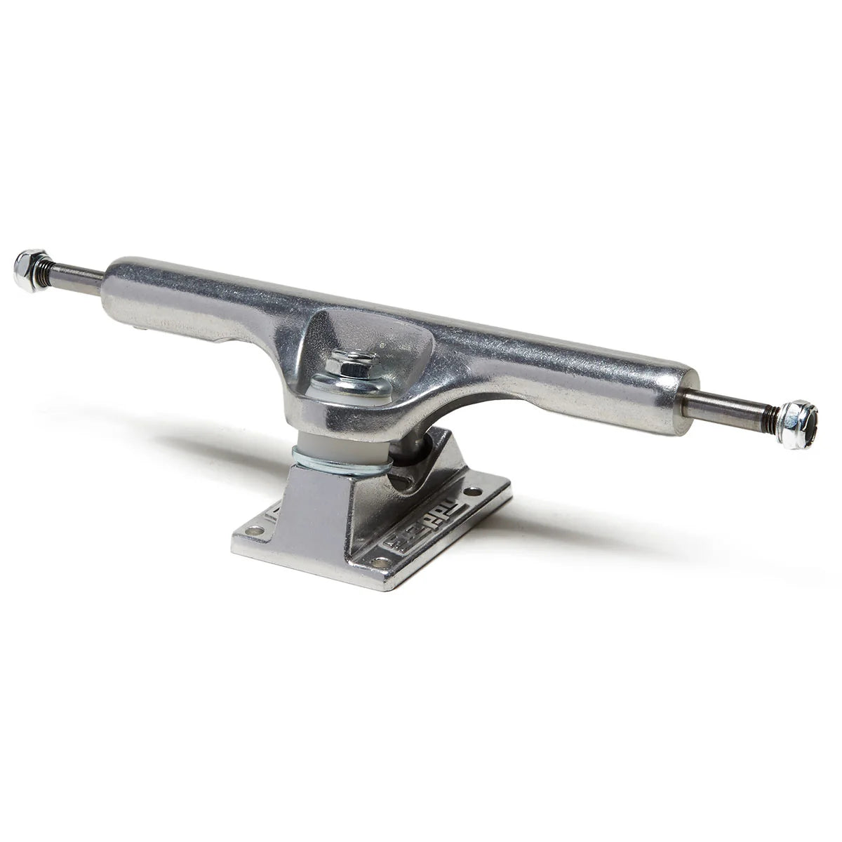 A single metallic skateboard truck with a silver aluminum finish, shown at a three-quarter angle on a clean white background.