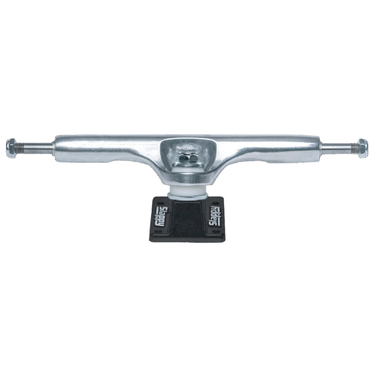 Skateboard truck with a black bushing on a white background