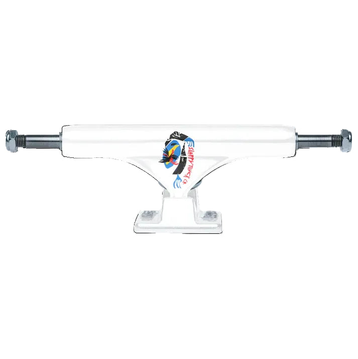 Skateboard truck with a colorful logo on a white background