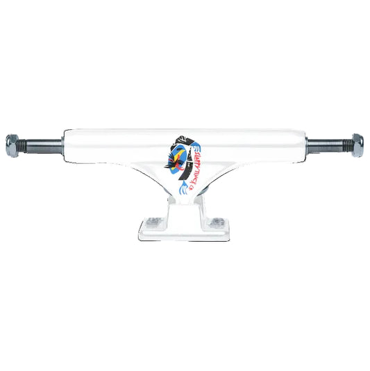 Skateboard truck with a colorful logo on a white background