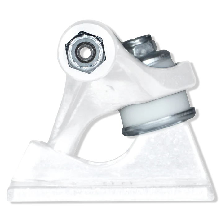 White plastic component with metal fastener on a white background