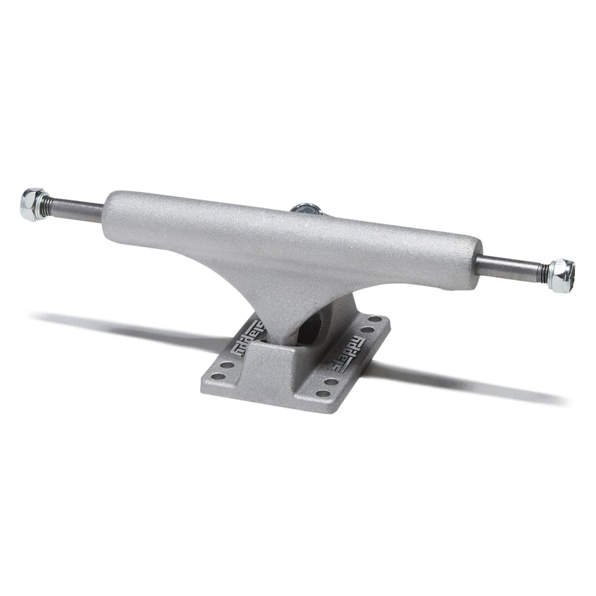 A single silver metal skateboard truck with a cast iron baseplate, featuring visible 'slappy' branding on the baseplate, shown on a clean white background with a soft shadow.