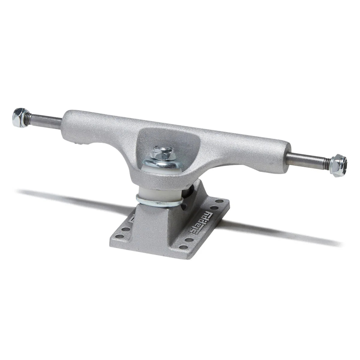 A single silver metal skateboard truck with mounting hardware, shown on a clean white background with a soft shadow.