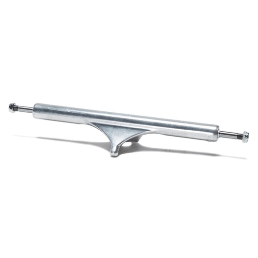 Metallic silver skateboard truck on a white background