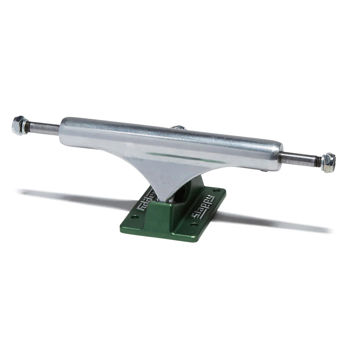 A single skateboard truck with a silver metal hardware assembly and a green base plate, shown on a plain white background.