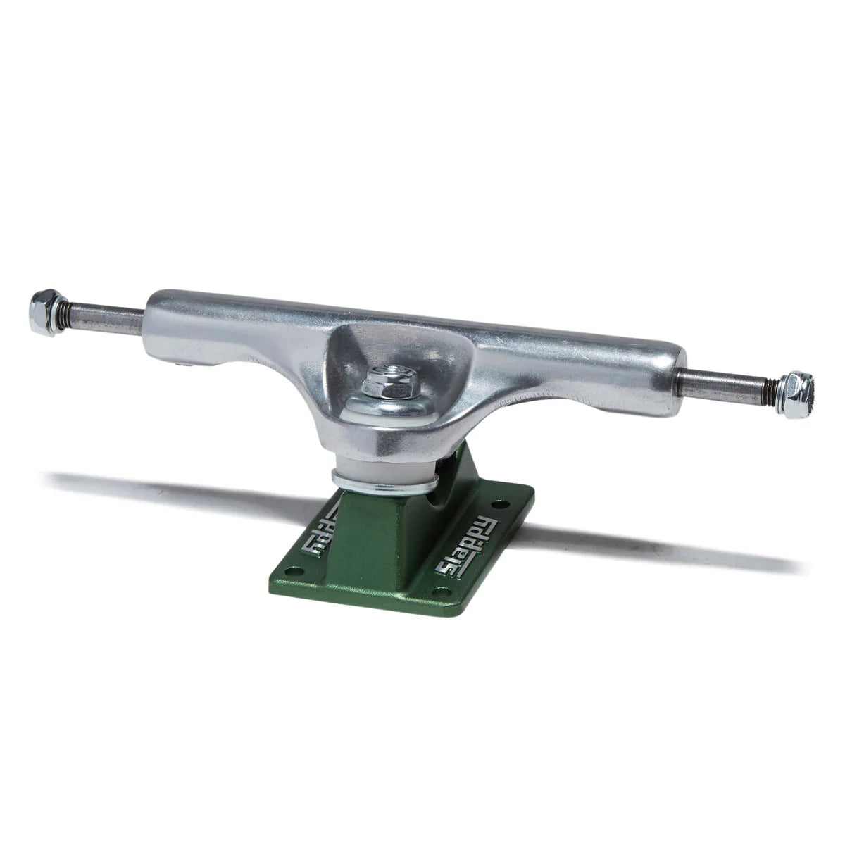 A single skateboard truck with a silver metal hardware assembly and a green base plate, photographed on a clean white background with a soft shadow.