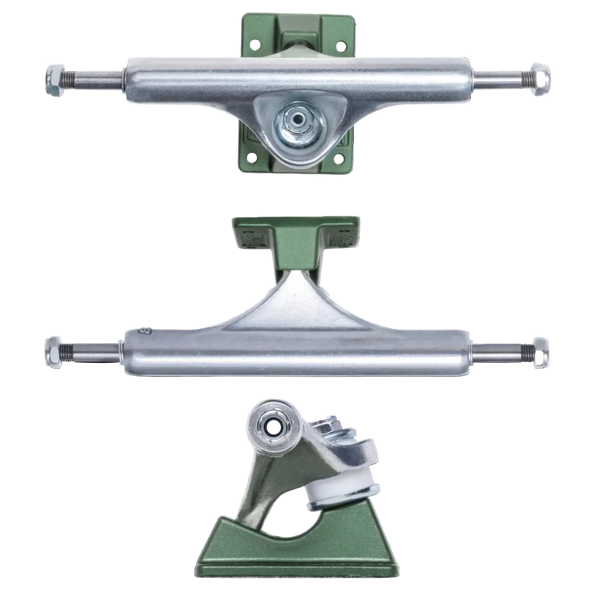 Skateboard truck assembly with green and silver components on a white background