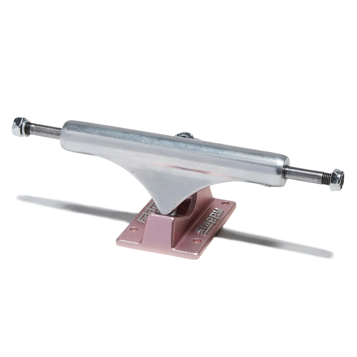 A single skateboard truck with a silver metal hardware body and a dusty rose pink base plate, shown on a clean white background with a soft shadow.