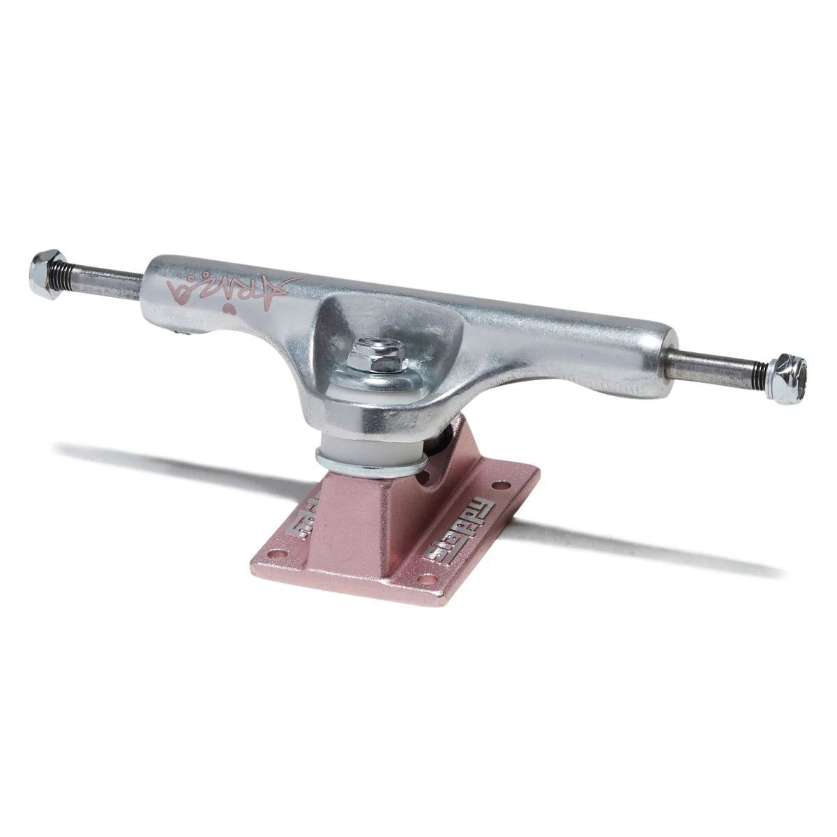 A single skateboard truck with a silver metal hardware body and a dusty rose pink base plate, shown on a clean white background.