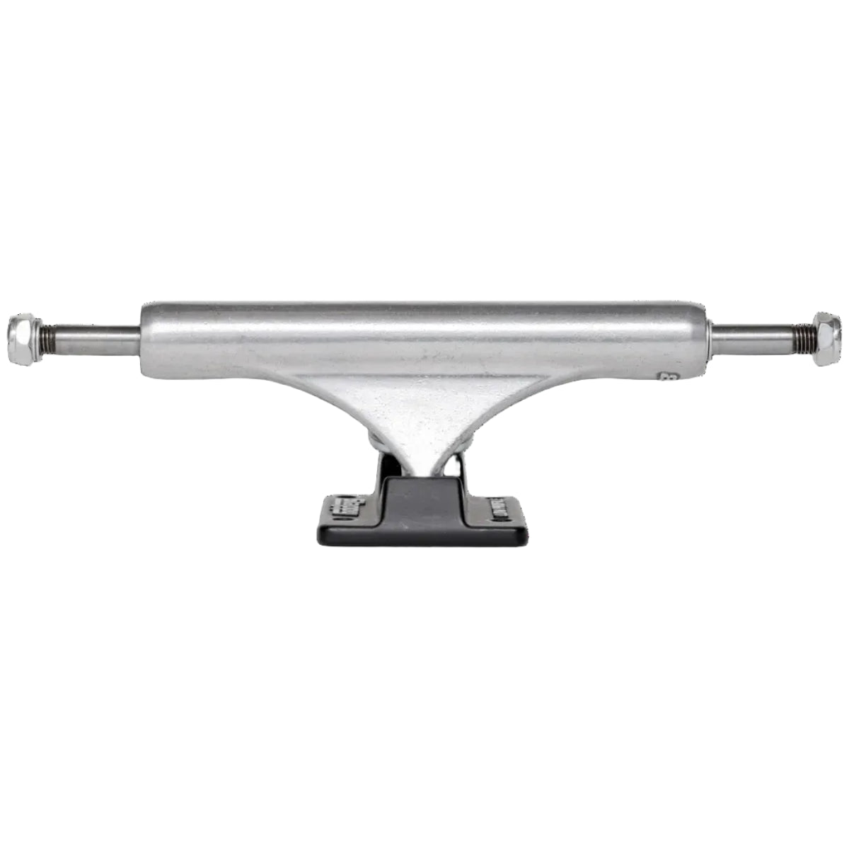 Skateboard truck with silver metal finish on a white background