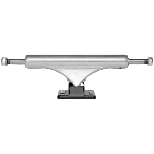 Skateboard truck with silver metal finish on a white background