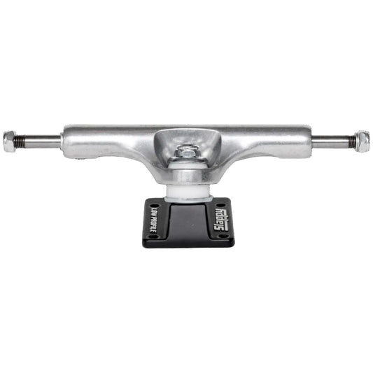 Skateboard truck with silver metal and black plastic on a white background