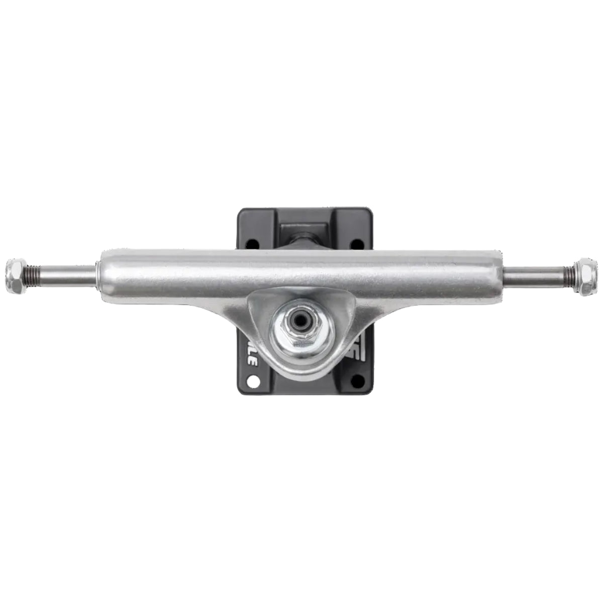 Skateboard truck with silver metal and black plastic on a white background