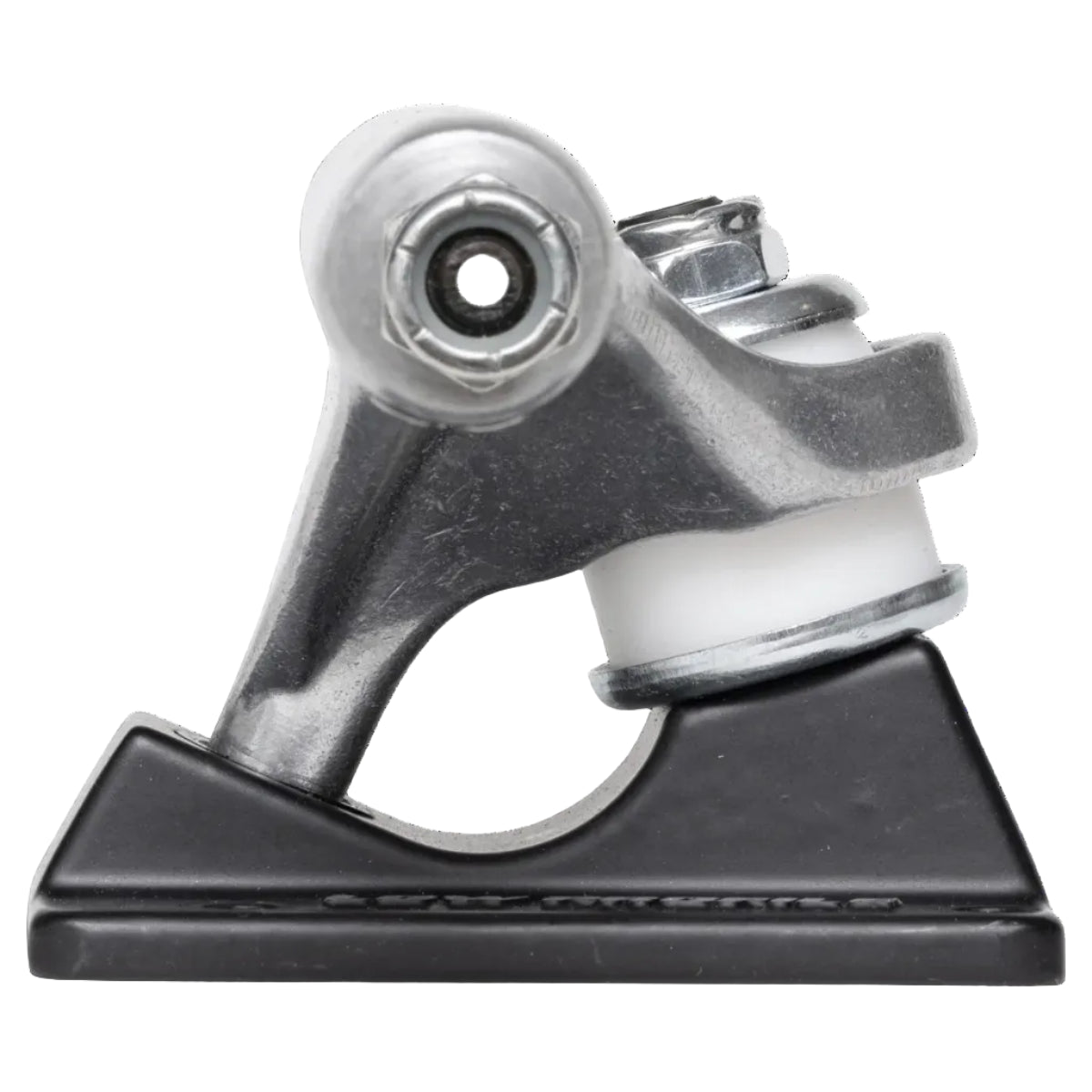 Skateboard truck with black base and silver metal components on a white background