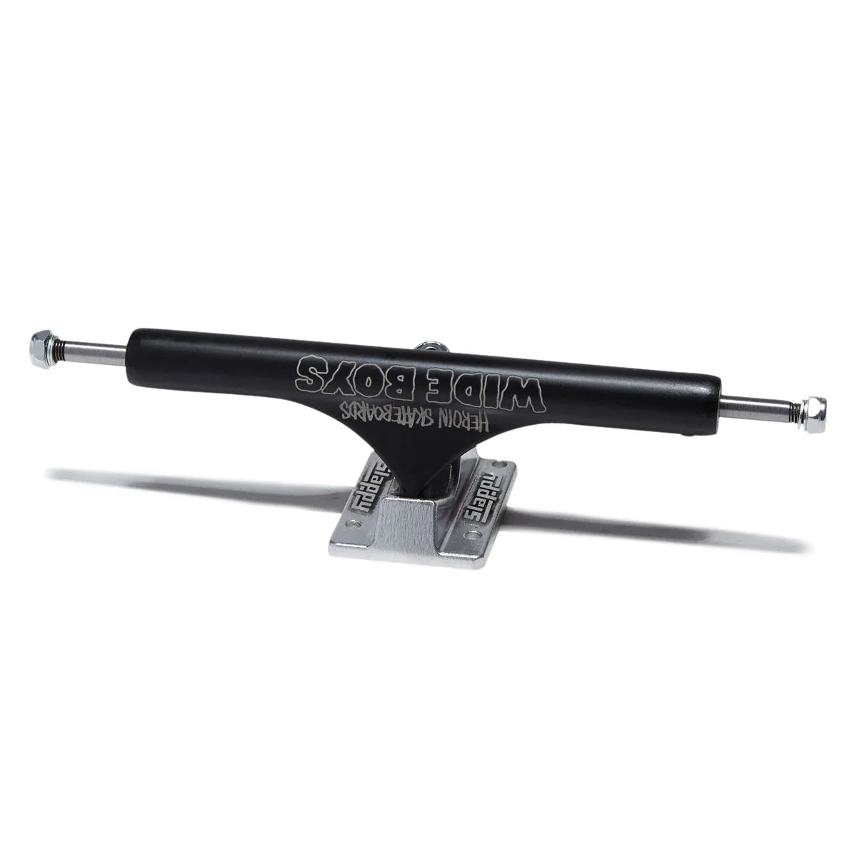A single skateboard truck with a black metal horizontal arm and a silver metal baseplate, shown on a clean white background. The brand 'Wide Boys' is clearly printed on the black arm.