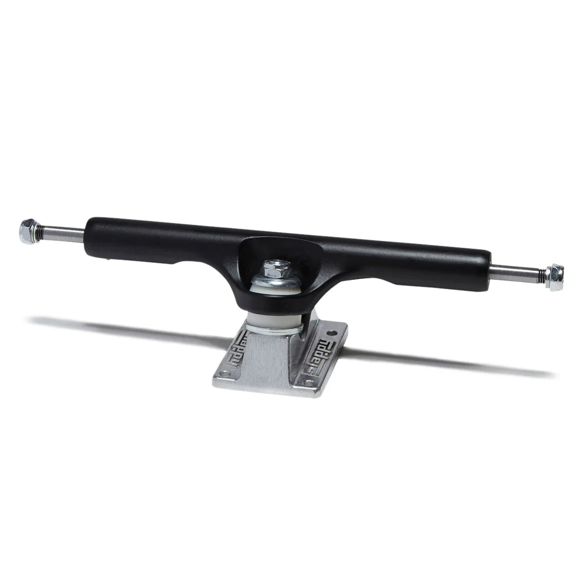 A single skateboard truck with a black handlebar and silver metal baseplate, shown on a clean white background with a soft shadow.