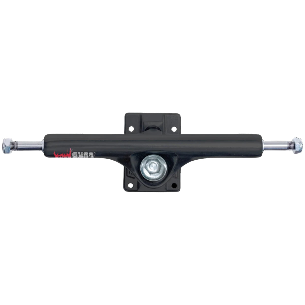 Black skateboard truck with silver axles on a white background