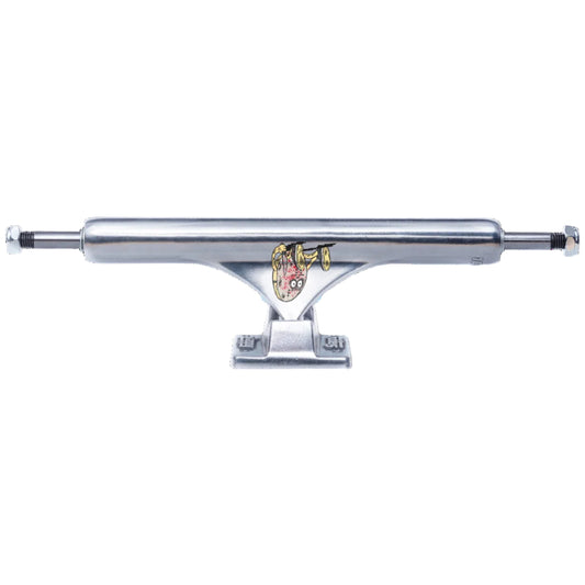 Chrome skateboard truck with a small logo on a white background