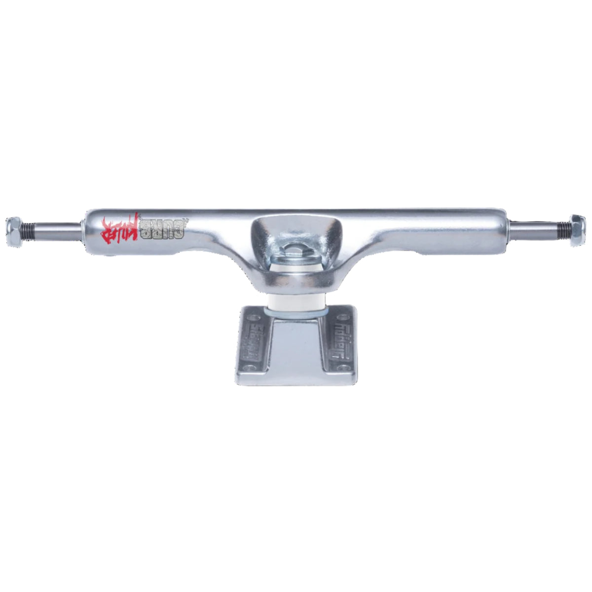 Chrome skateboard truck on a white background