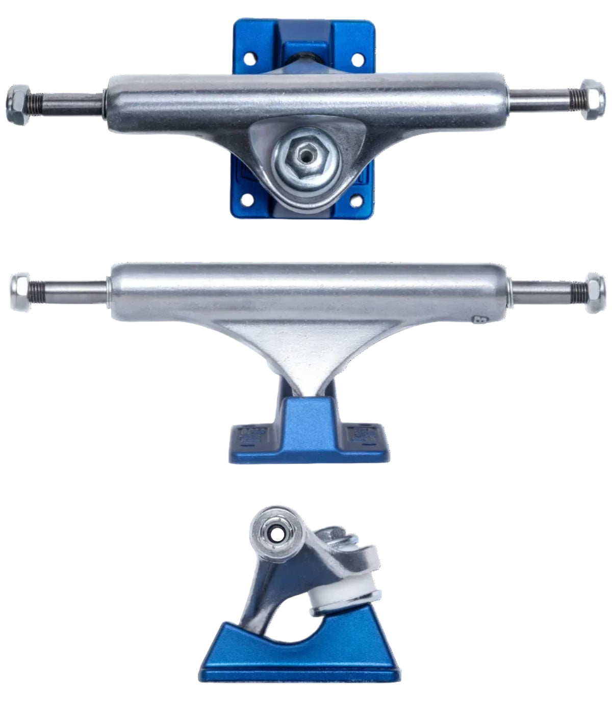 Two skateboard trucks with blue ends on a white background