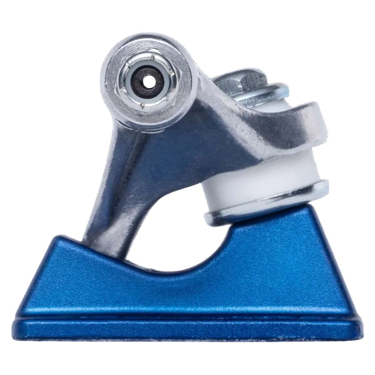 Blue and silver metal component on a white background