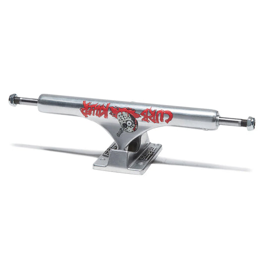 Skateboard truck with red and black graphics on a white background