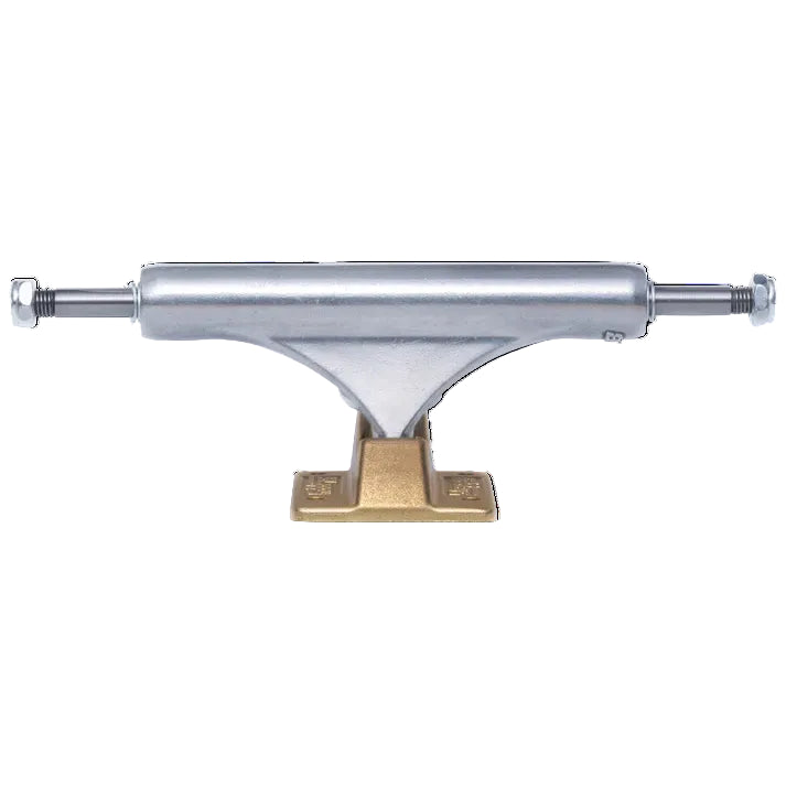 Skateboard truck with silver metal finish and gold base on a white background